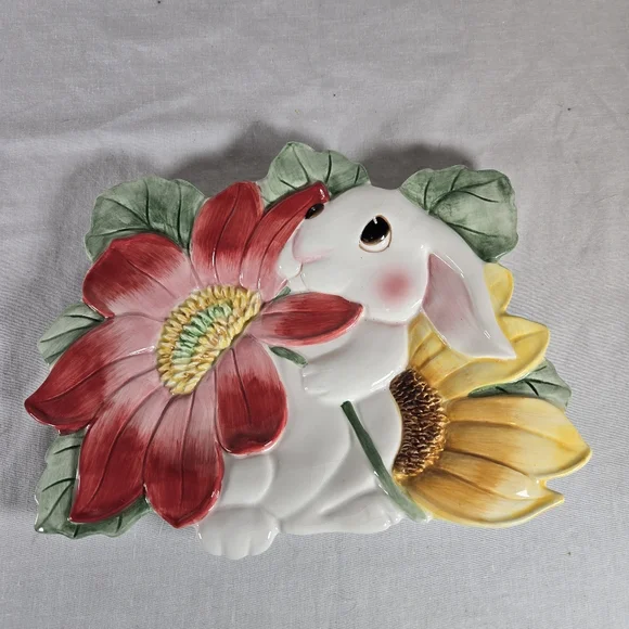 Fitz and Floyd Essentials Bunny Blooms Vintage Plate Easter Spring Floral 7 x 9" - Picture 1 of 4